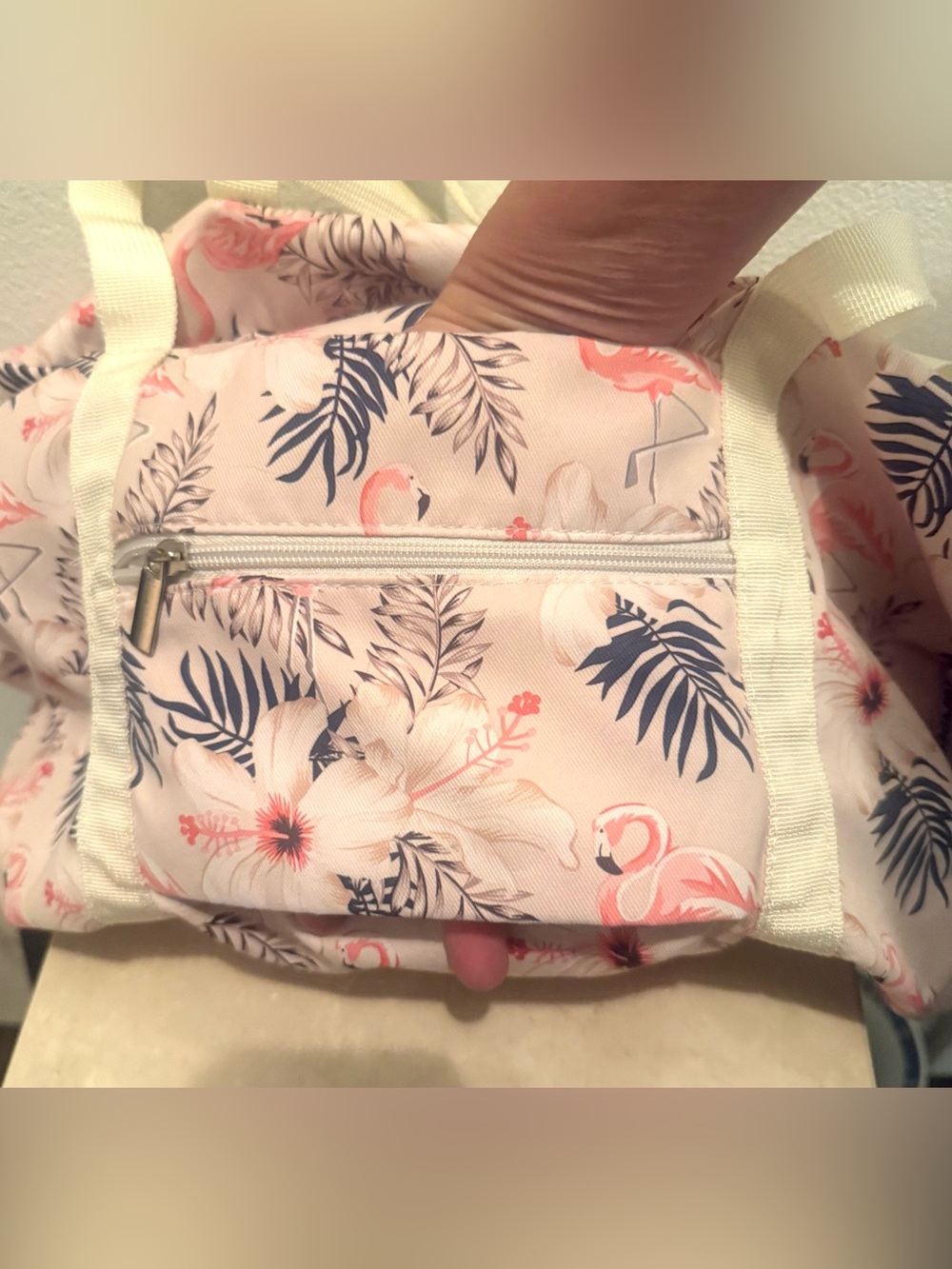 Narwey Beige Flamingo Foldable Travel Duffel Bag. Tropical flamingos & hibiscus. - Picture 11 of 15